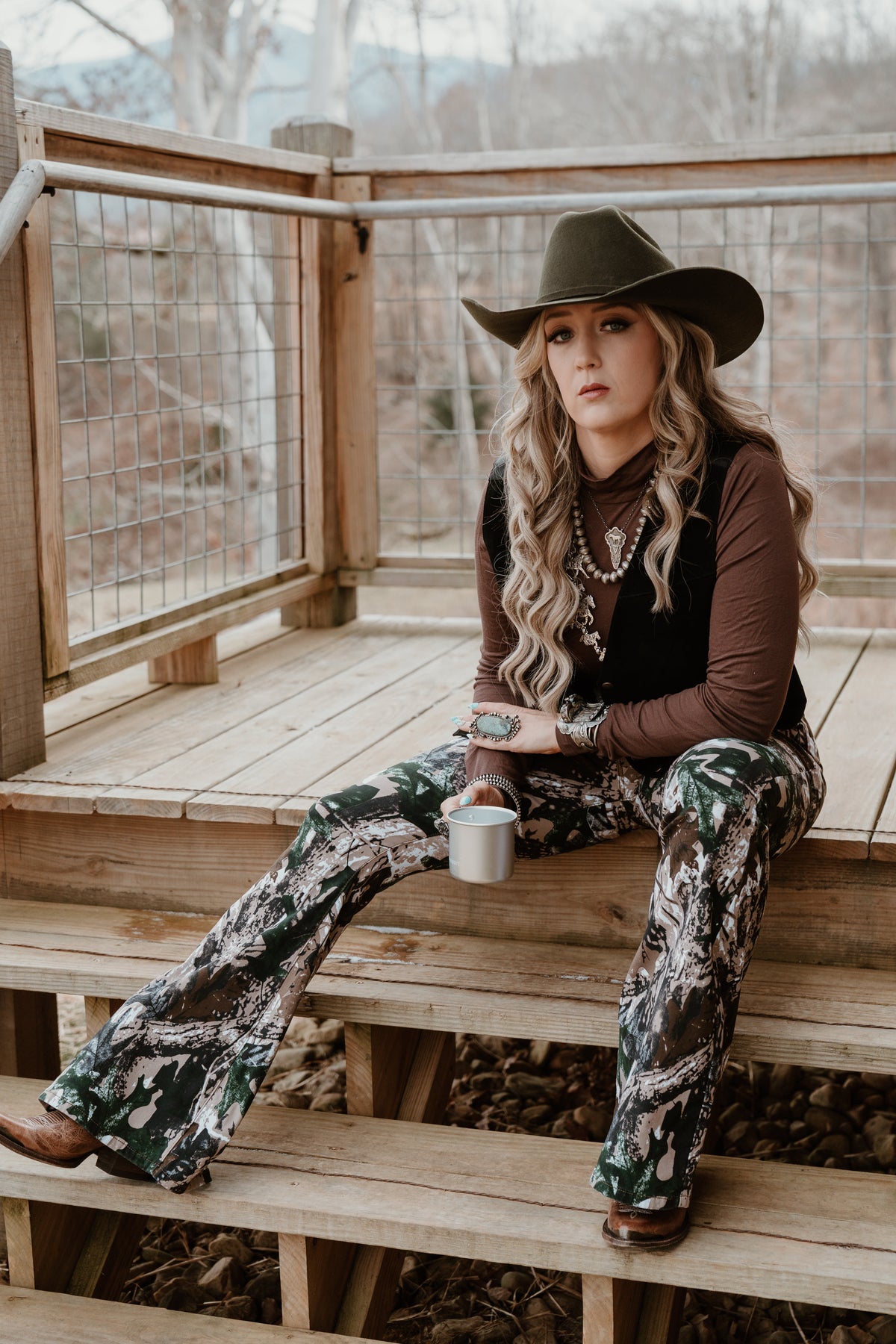 Fiona High Waisted Bell Bottom Flare Jeans - Woodland Green Camo