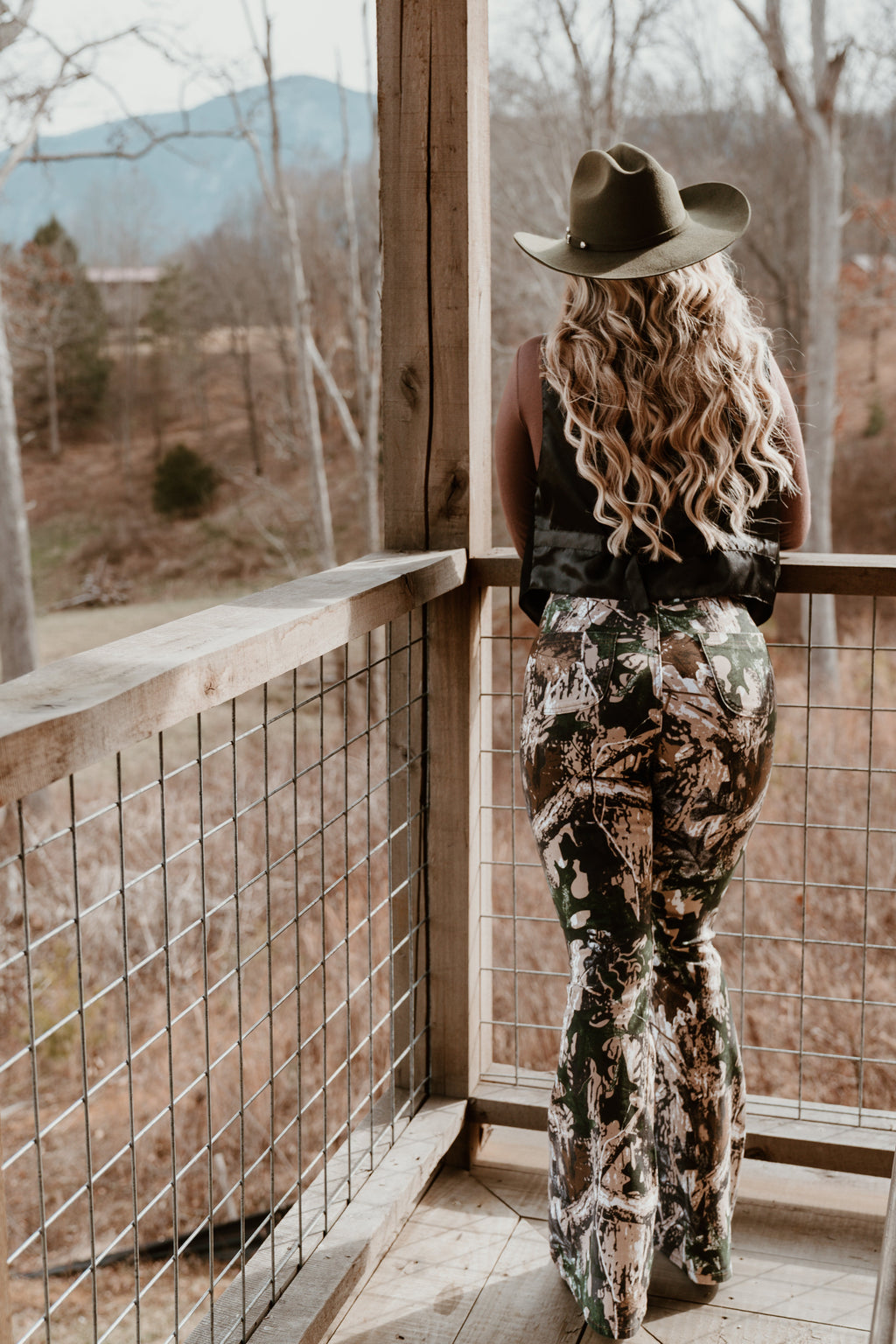 Fiona High Waisted Bell Bottom Flare Jeans - Woodland Green Camo
