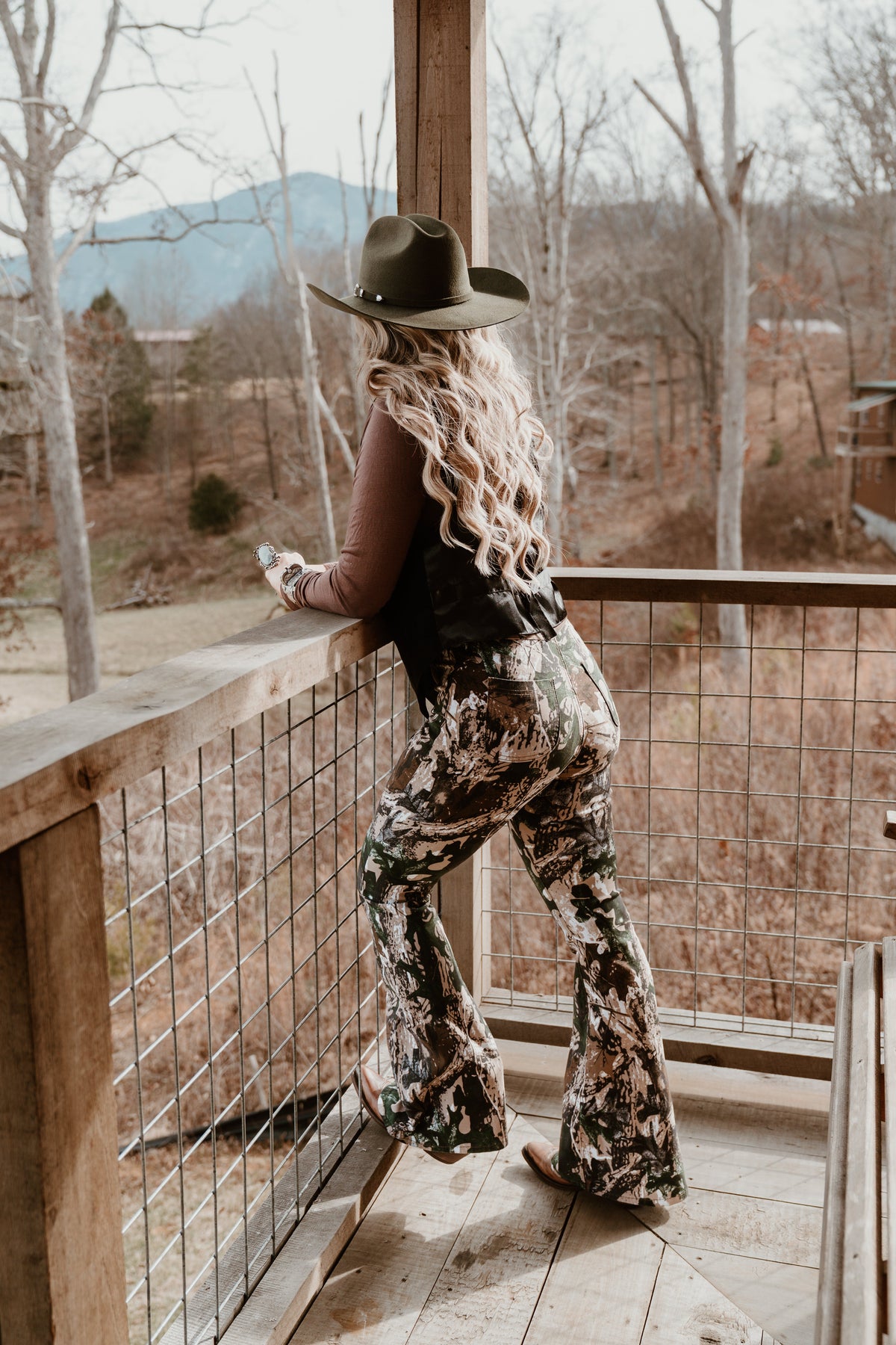 Fiona High Waisted Bell Bottom Flare Jeans - Woodland Green Camo