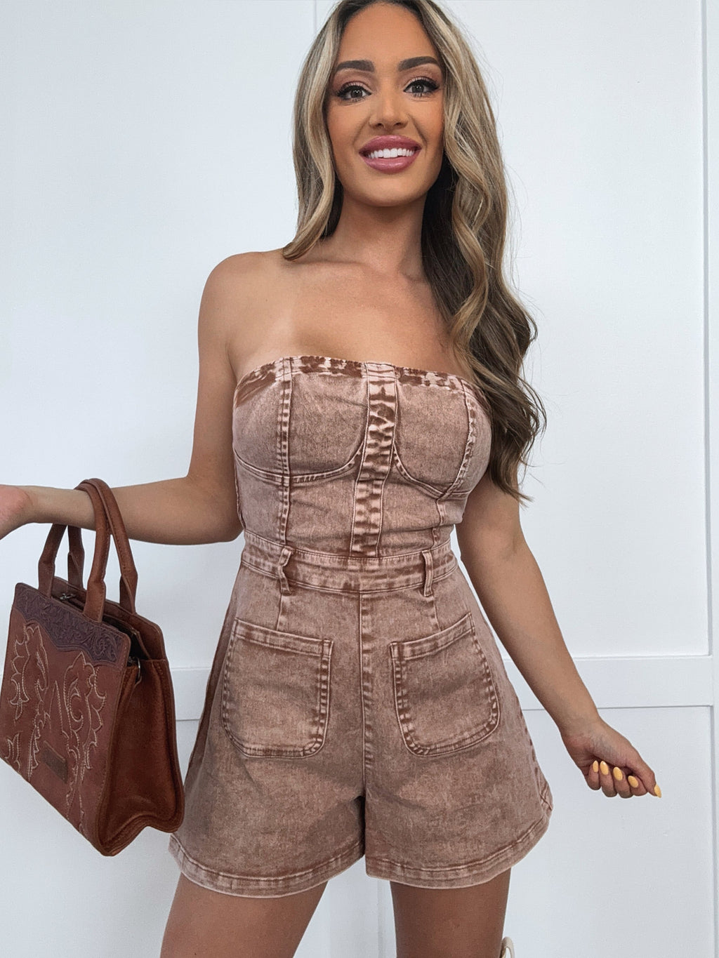 Wisteria Acid Washed Denim Tube Top Romper