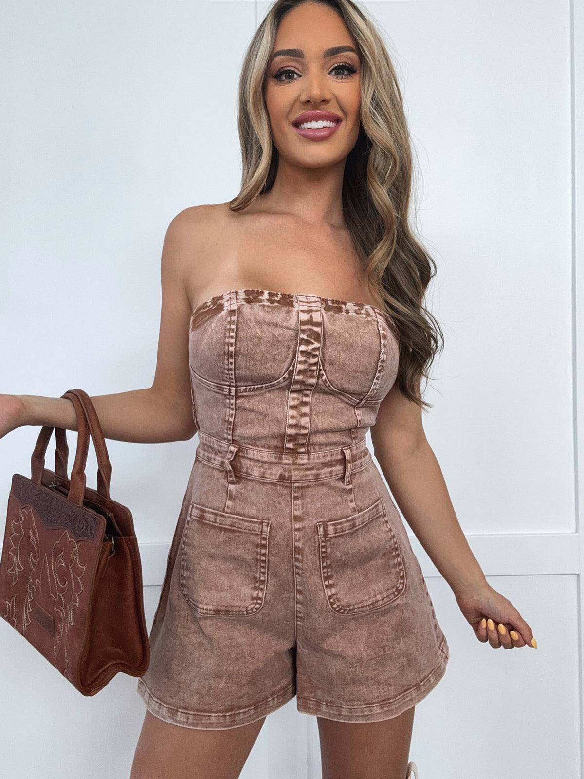 Wisteria Acid Washed Denim Tube Top Romper
