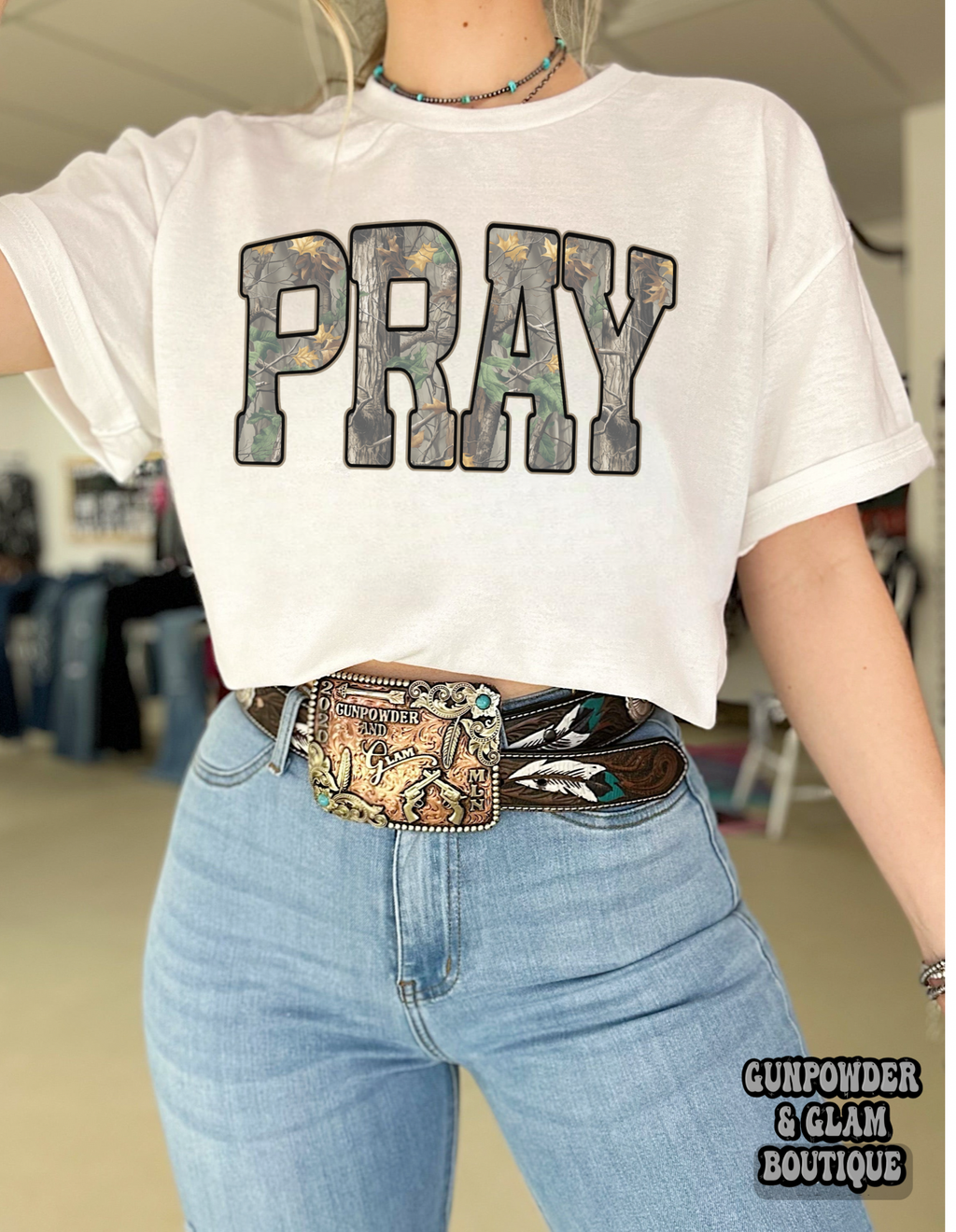 Camo Pray Tee or Crewneck