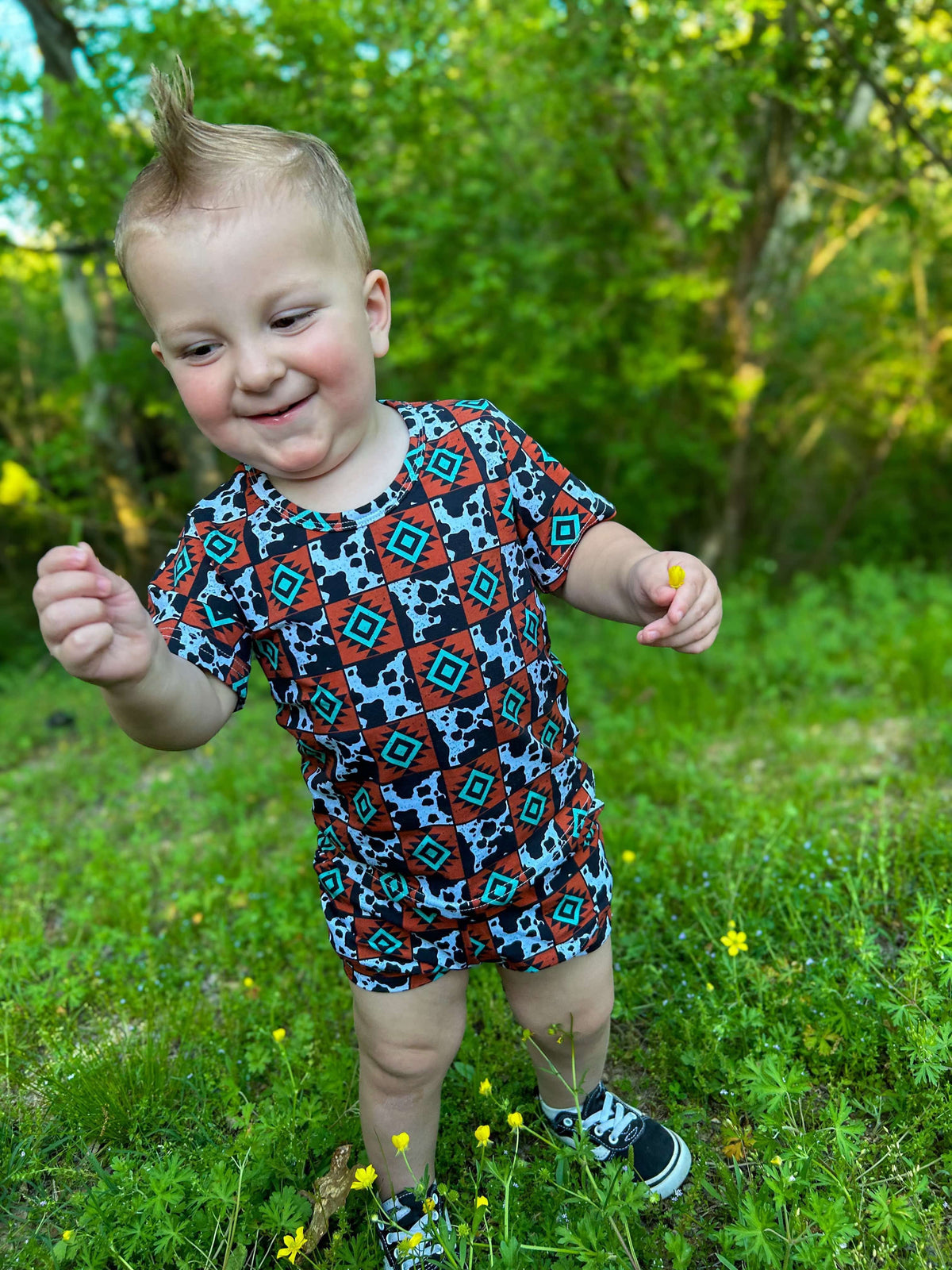 2T Cow & Aztec Checkered Short Set (FINAL SALE)