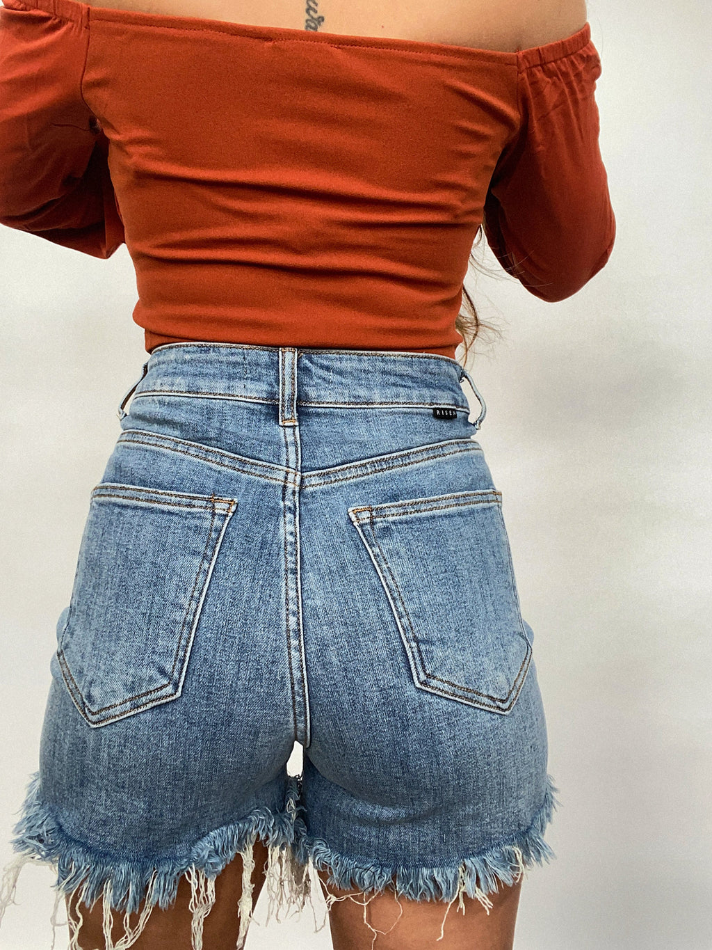 On The Go Distressed Shorts- Medium Wash