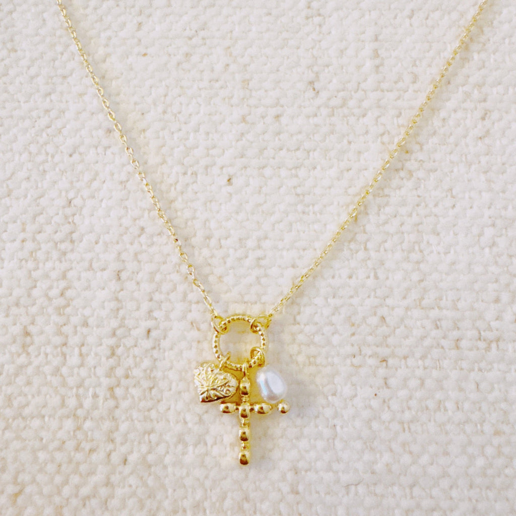Faith & Love Charm Necklace – Gold-Tone Chain with Heart, Cross, and Pearl Charms