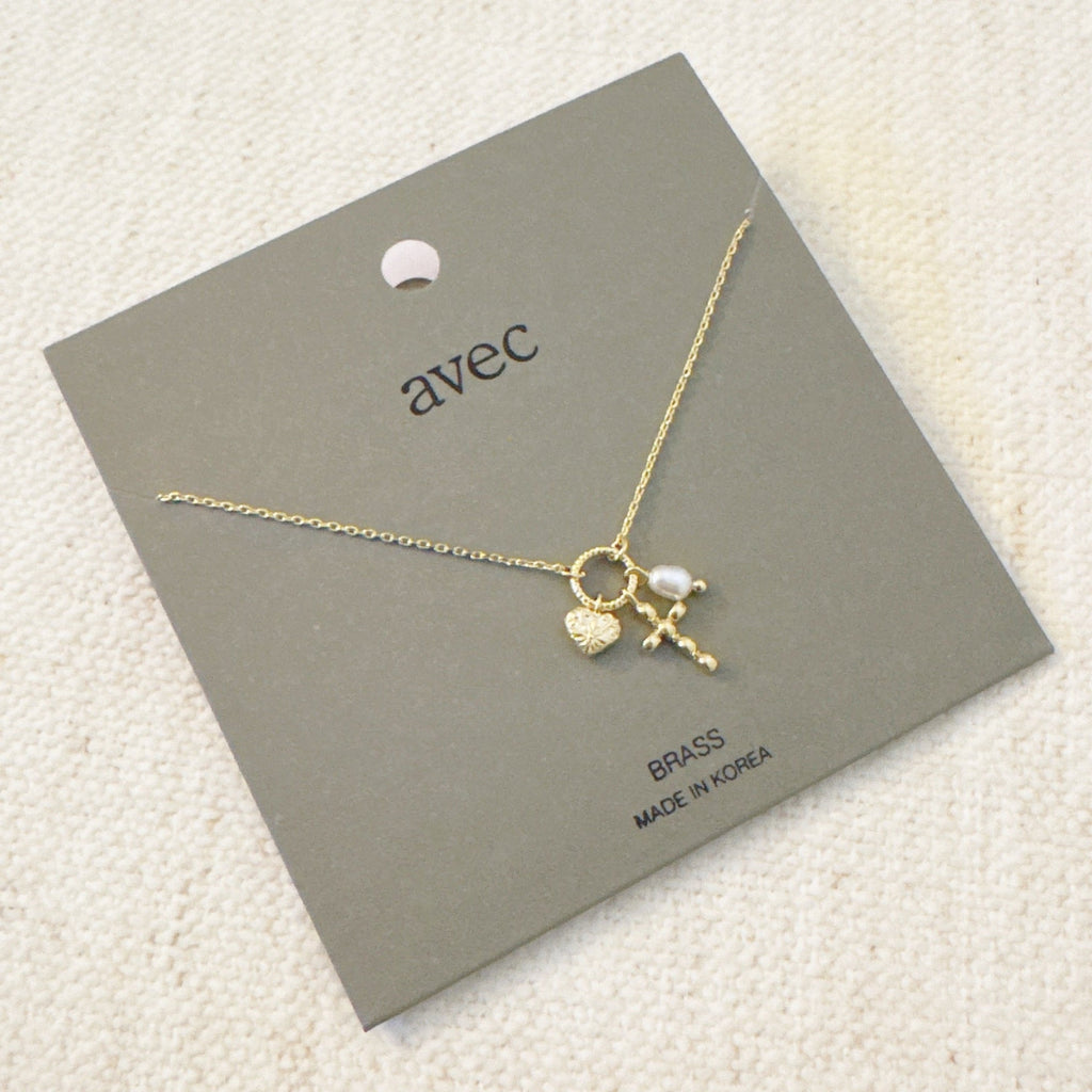 Faith & Love Charm Necklace – Gold-Tone Chain with Heart, Cross, and Pearl Charms