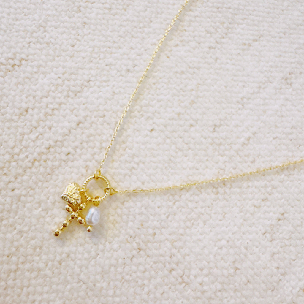 Faith & Love Charm Necklace – Gold-Tone Chain with Heart, Cross, and Pearl Charms