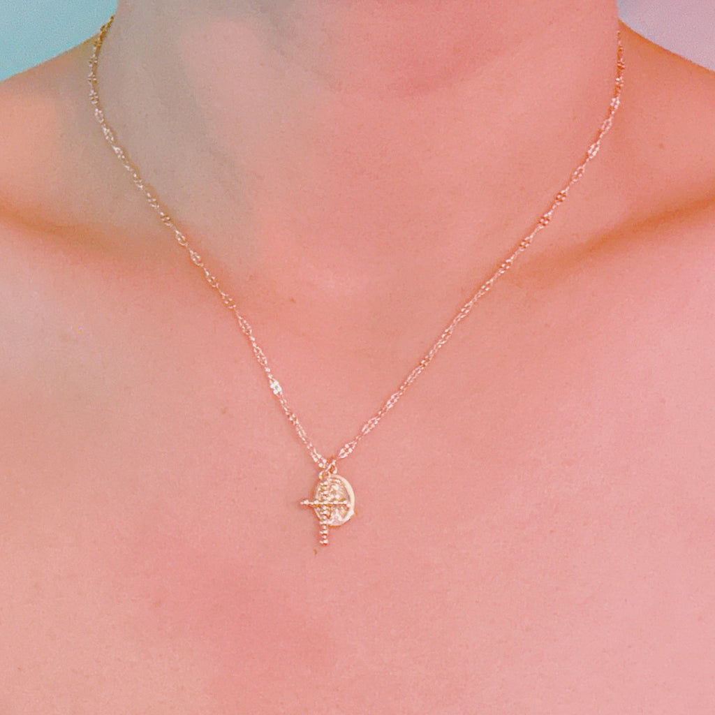 Faithful Duo Pendant Necklace – Gold-Tone Chain with Mini Cross and Saint Medallion Charms