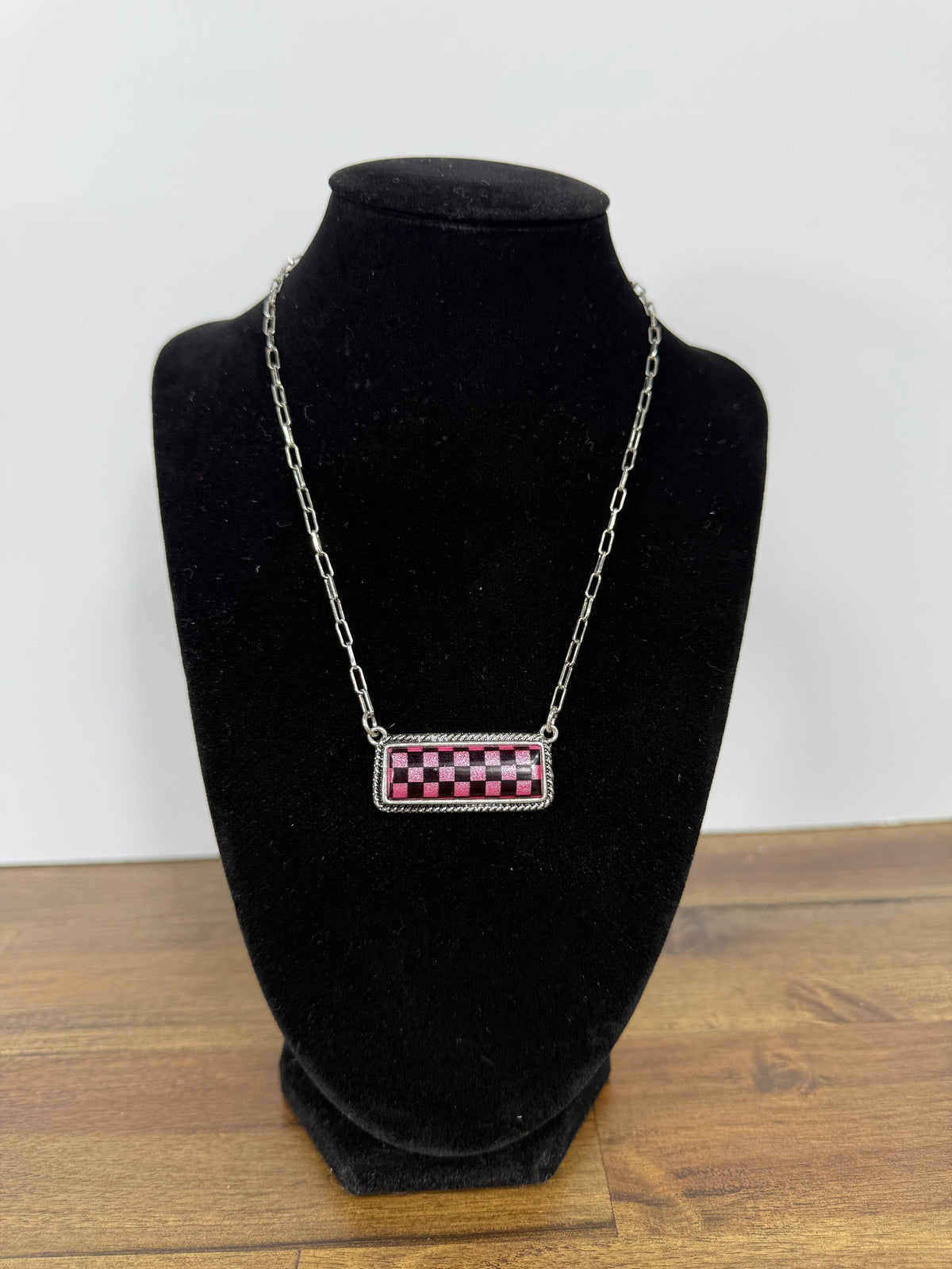 Pink Checkered Bar Necklace