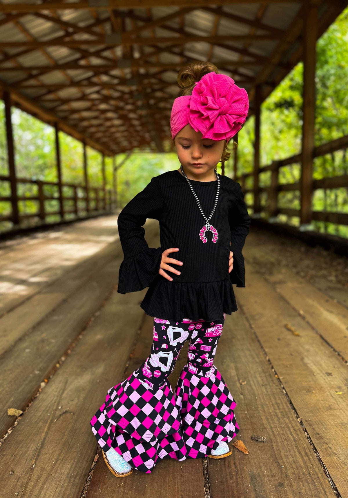 Girls 8/9 Pink Under Construction Double Bell Bottoms (FINAL SALE)