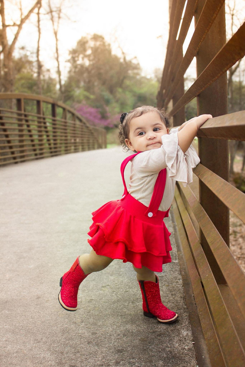Red suspender skirt