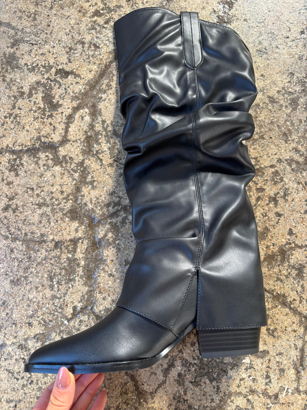 Thea Mid-Calf Faux Leather Black Slouchy Heeled Boot
