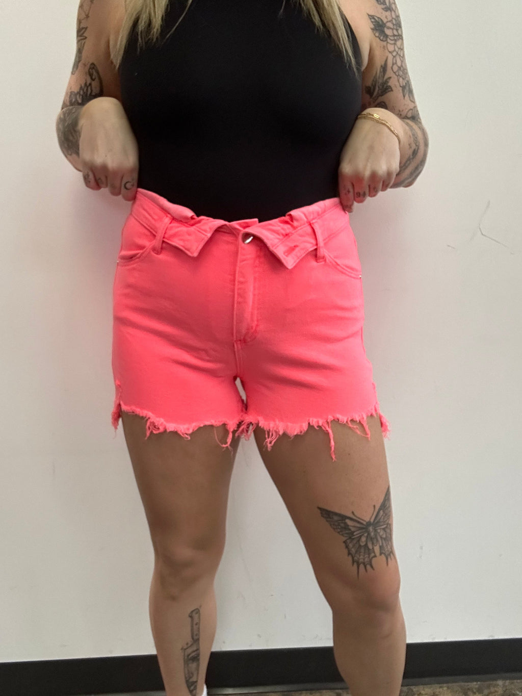 Fold Over Distressed Denim Shorts- Coral Pink