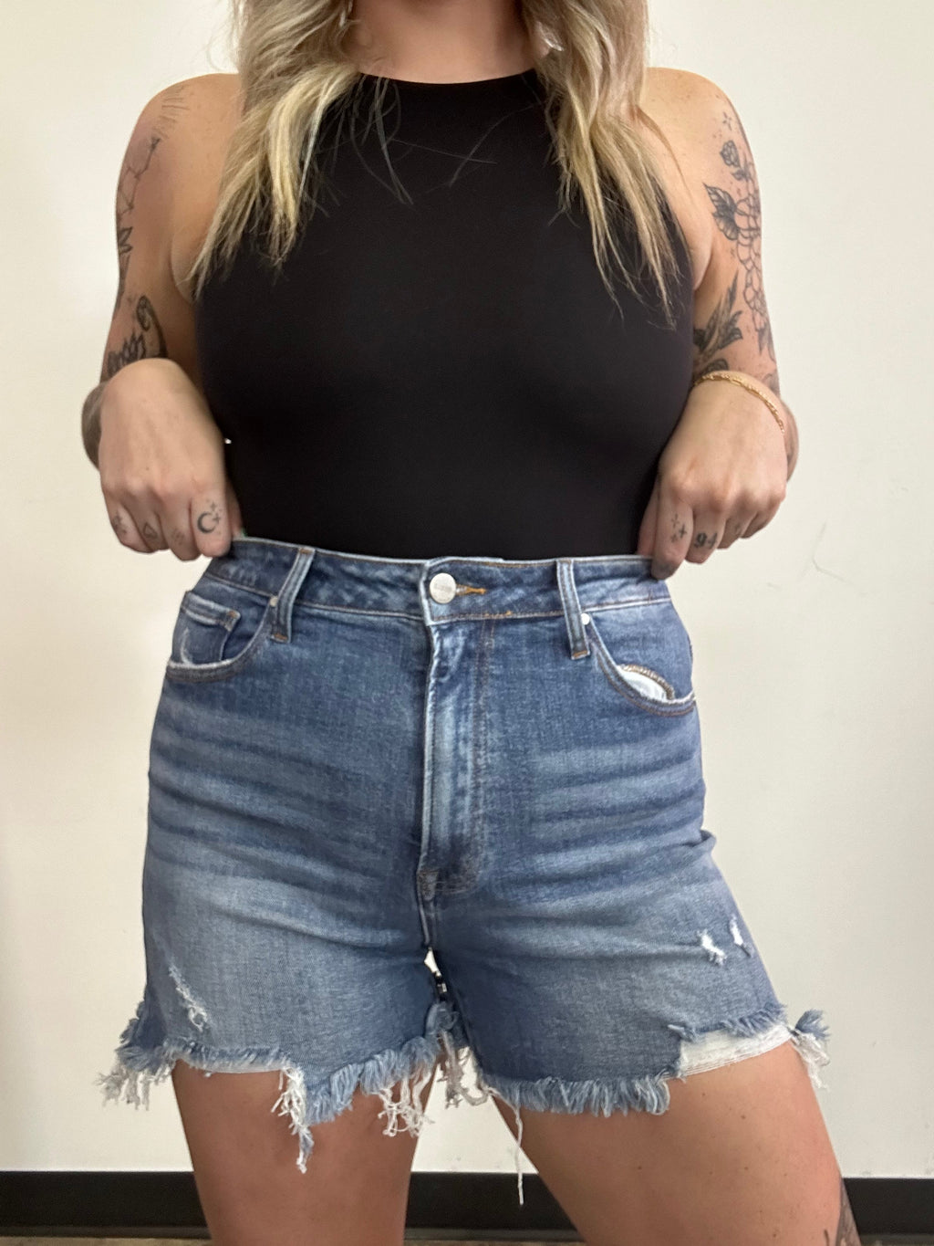 On The Go Distressed Shorts- Medium Wash