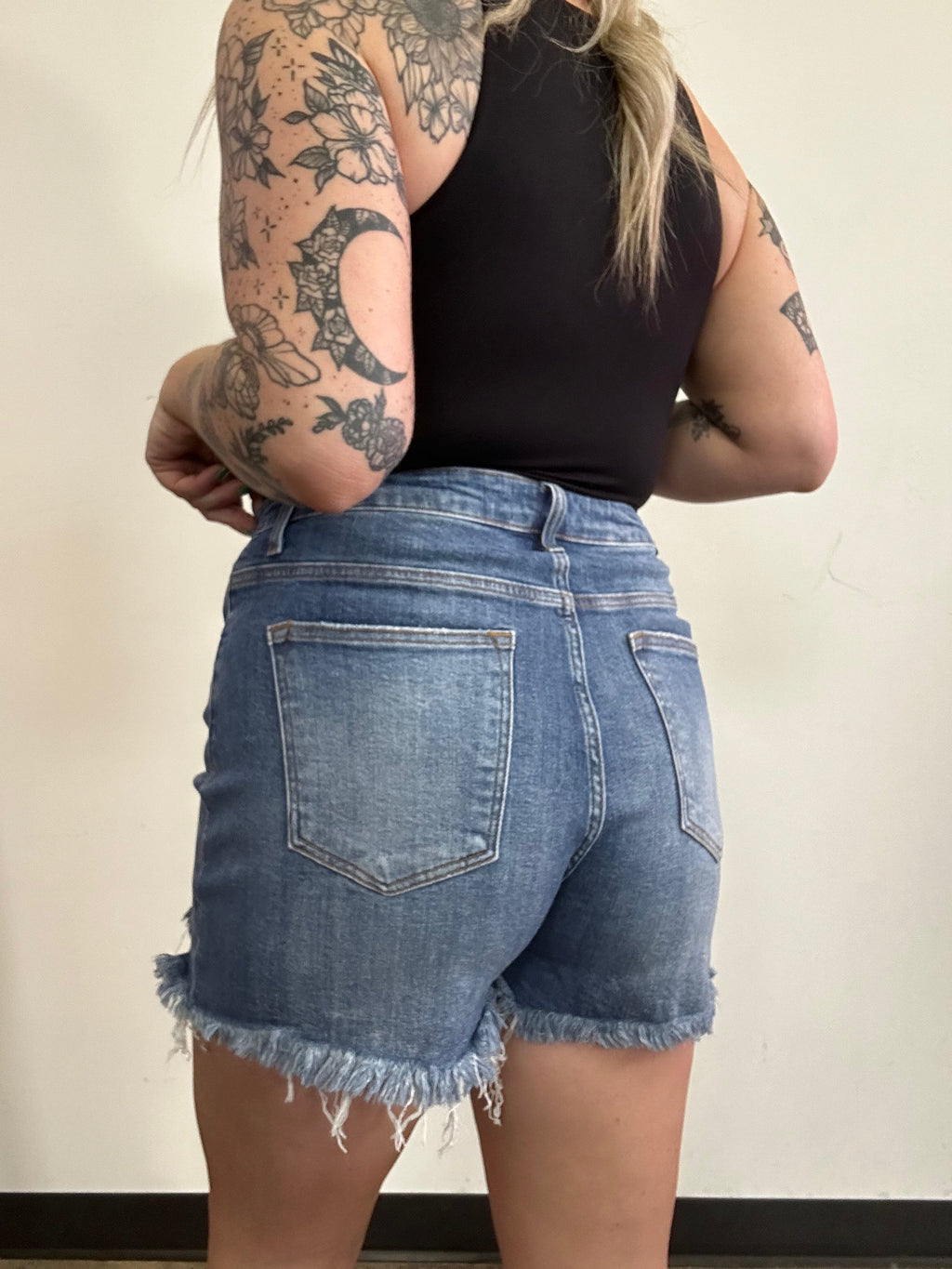 On The Go Distressed Shorts- Medium Wash