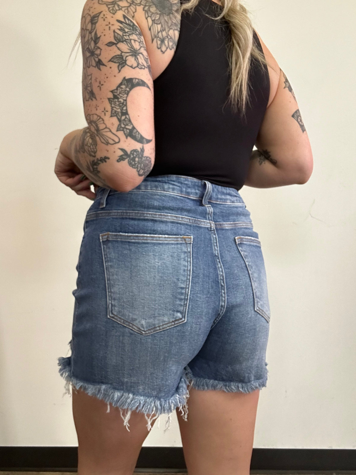 On The Go Distressed Shorts- Medium Wash