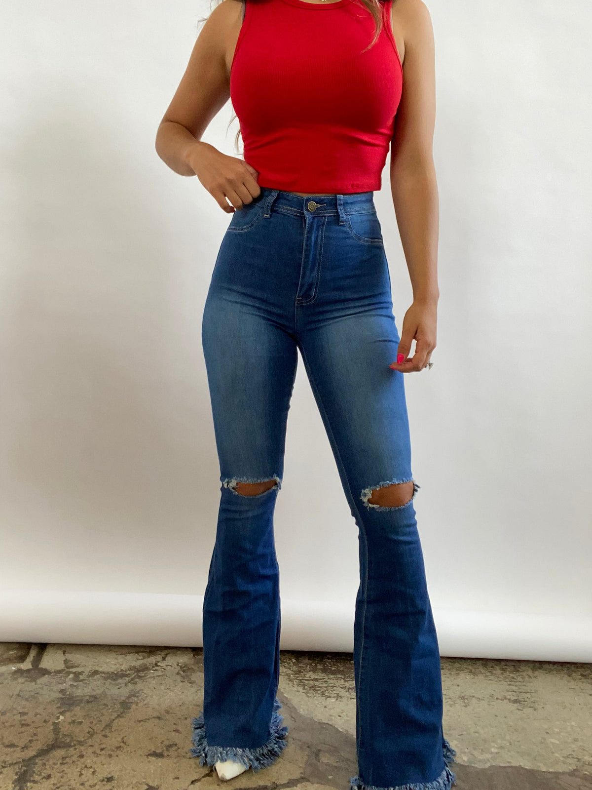 Farrah Denim Distressed High Waisted Flares - Medium Wash