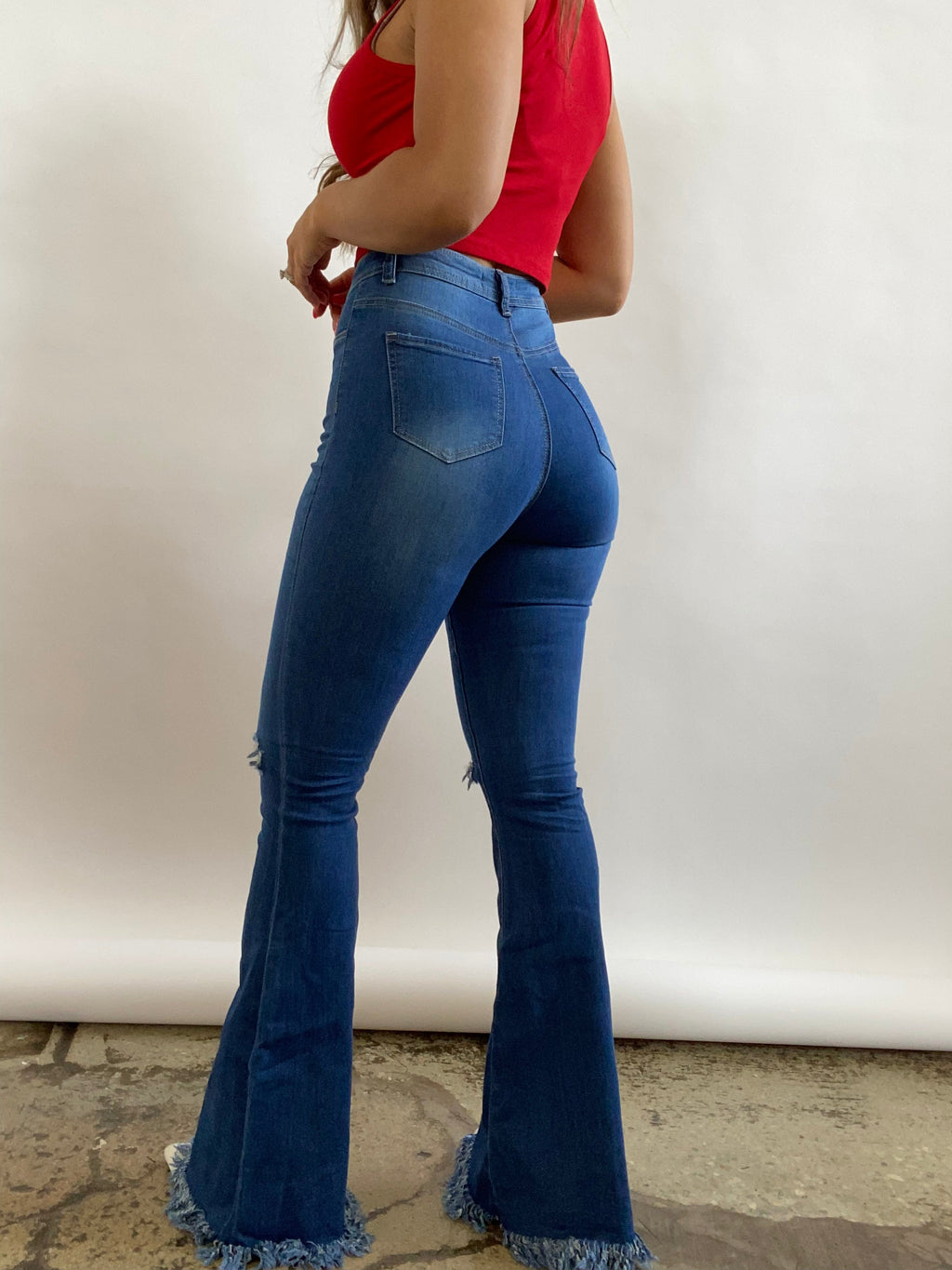 Farrah Denim Distressed High Waisted Flares - Medium Wash