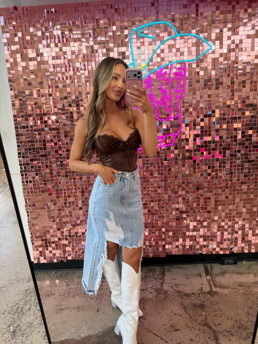 Harper Heavily Distressed Denim Maxi Skirt