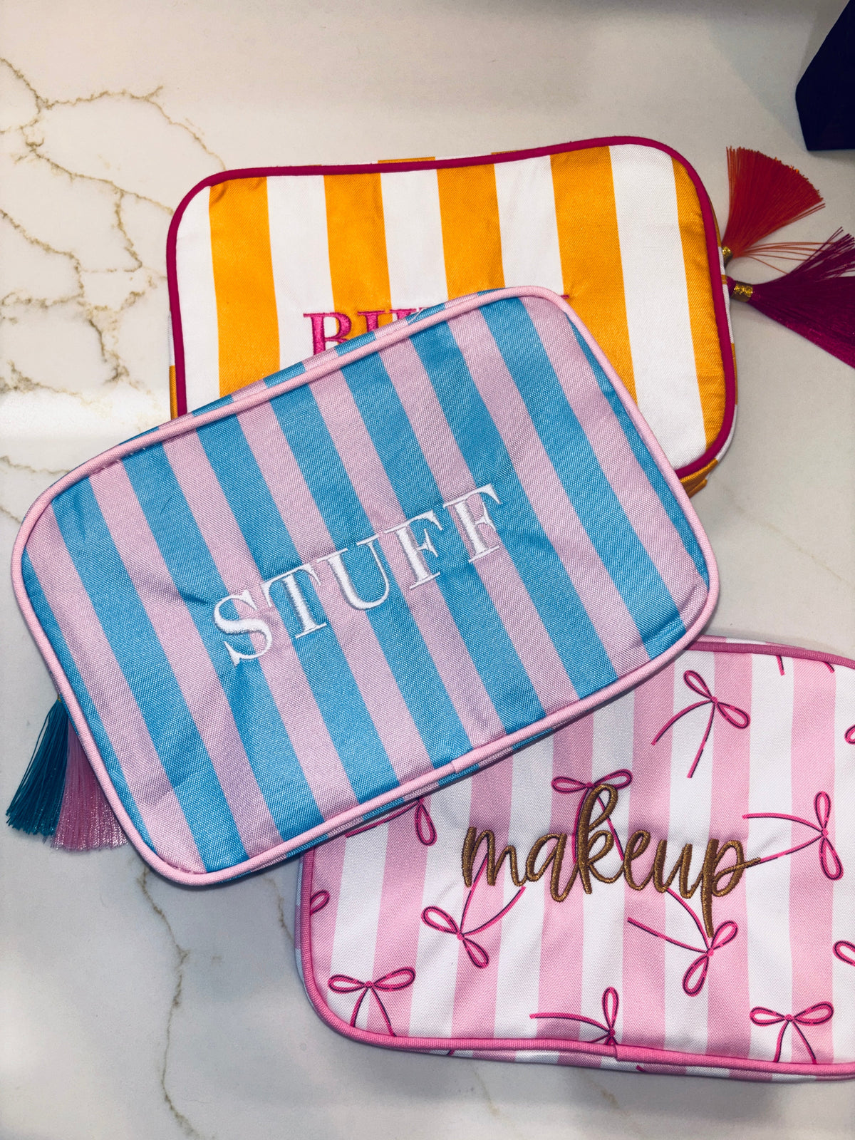 "STUFF" Embroidered Nylon Makeup Bag