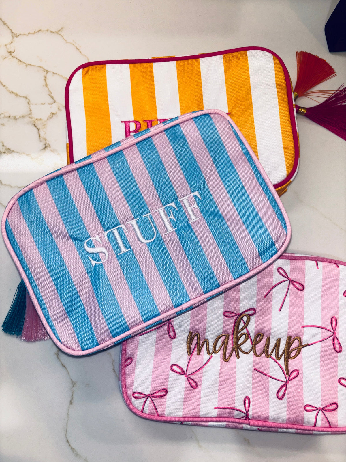 "STUFF" Embroidered Nylon Makeup Bag