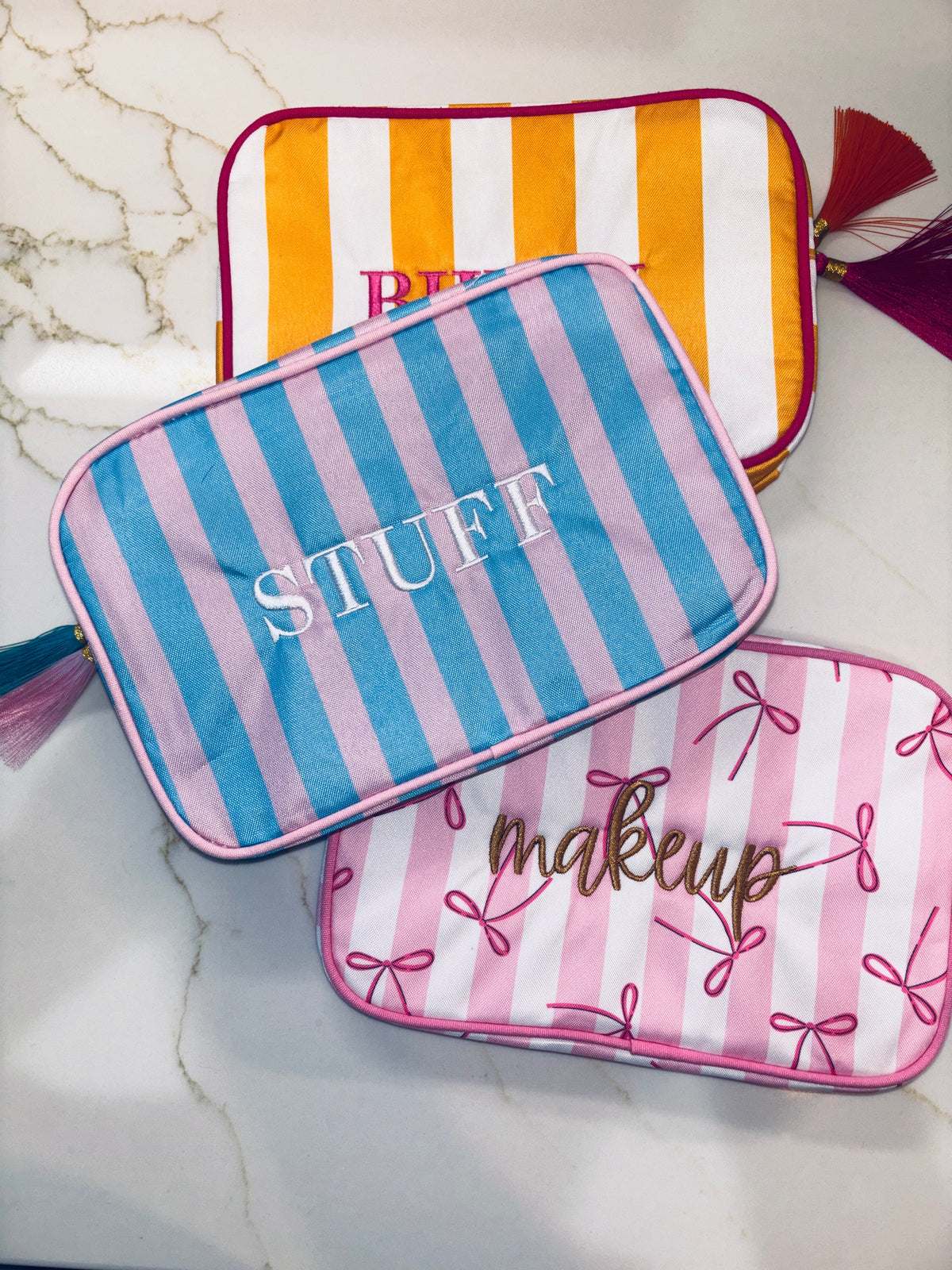 "STUFF" Embroidered Nylon Makeup Bag