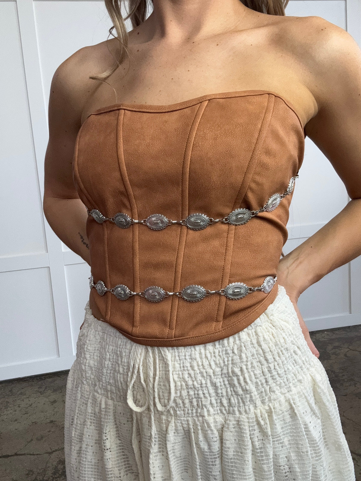 Glendora Distressed Leather Corset Top