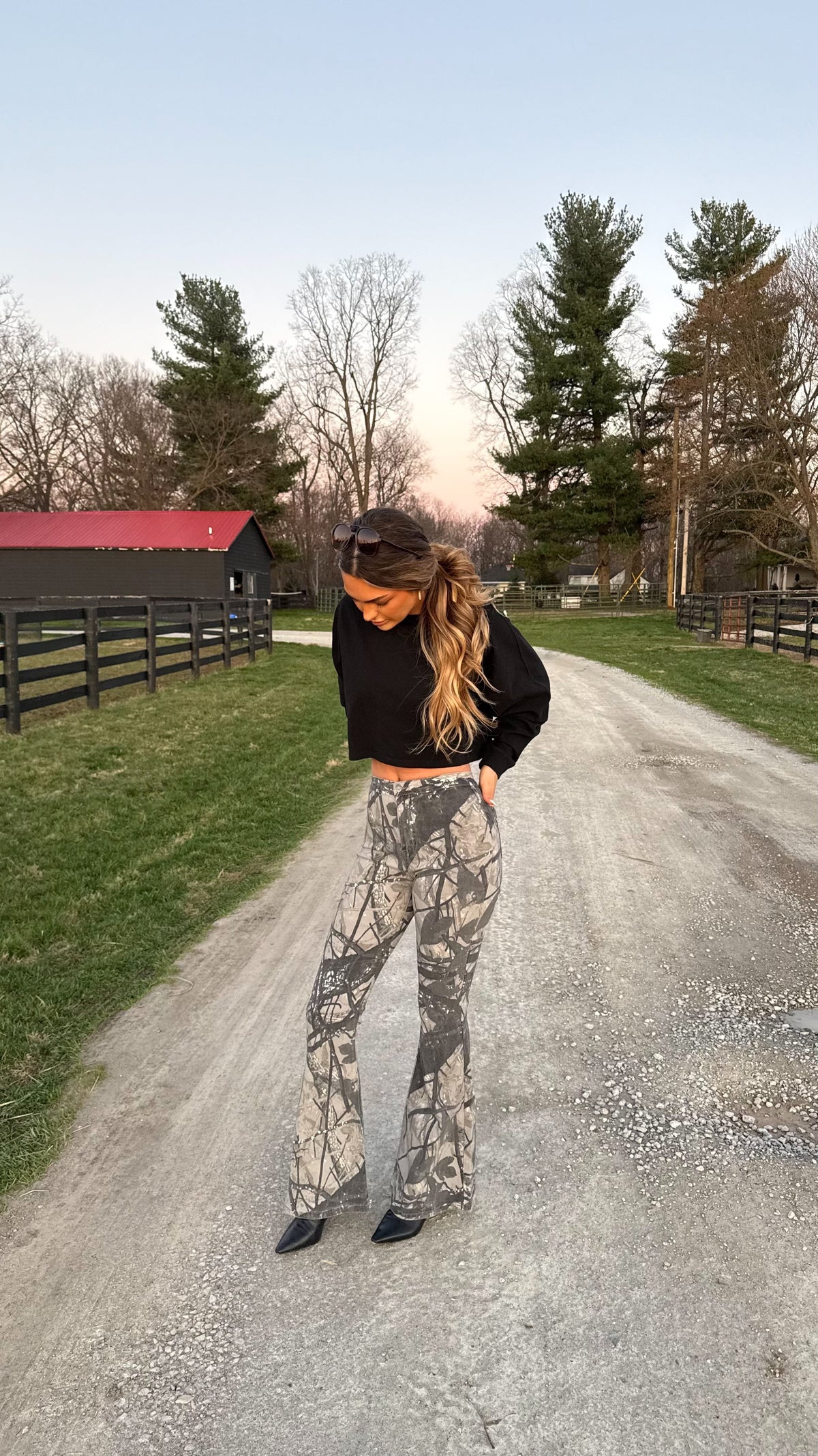 Fiona High Waisted Bell Bottom Flare Jeans - Storm Grey Camo