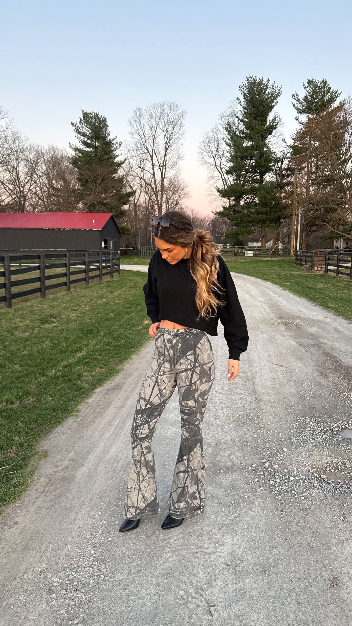 Fiona High Waisted Bell Bottom Flare Jeans - Storm Grey Camo