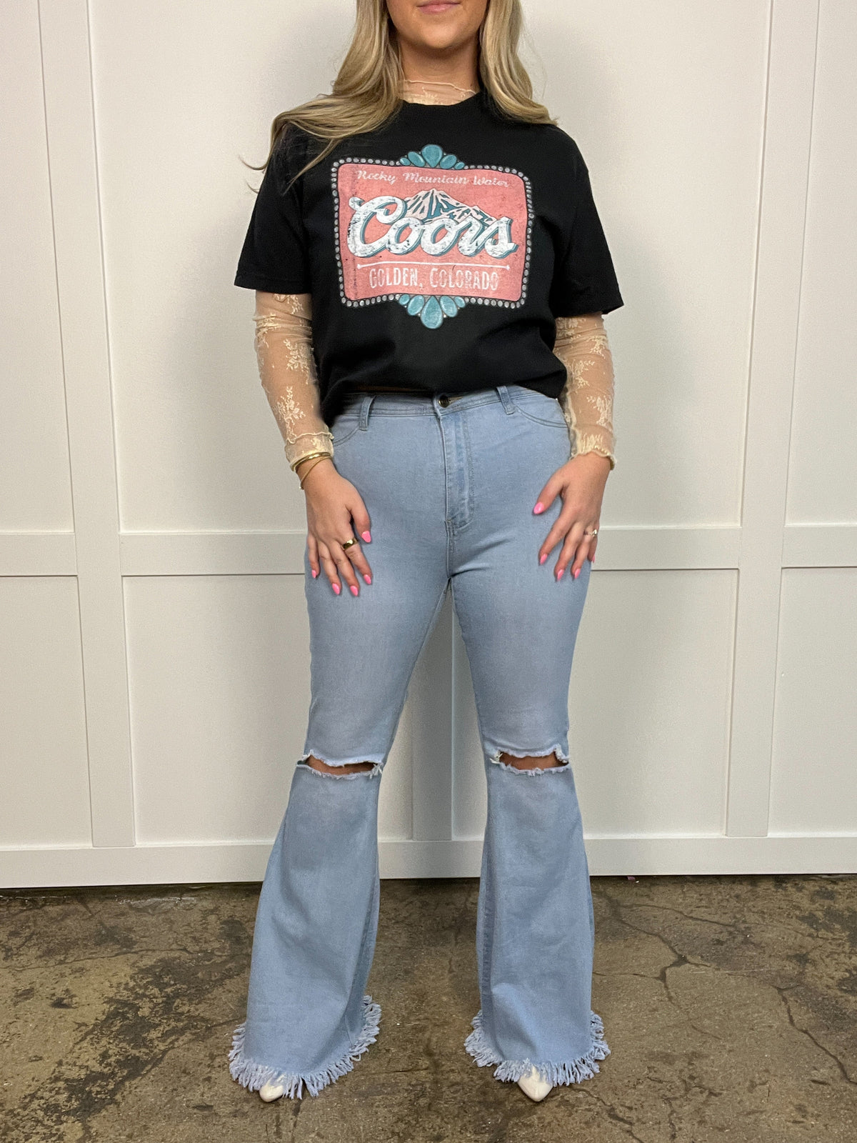 Farrah Denim Distressed High Waisted Flares - Light Wash