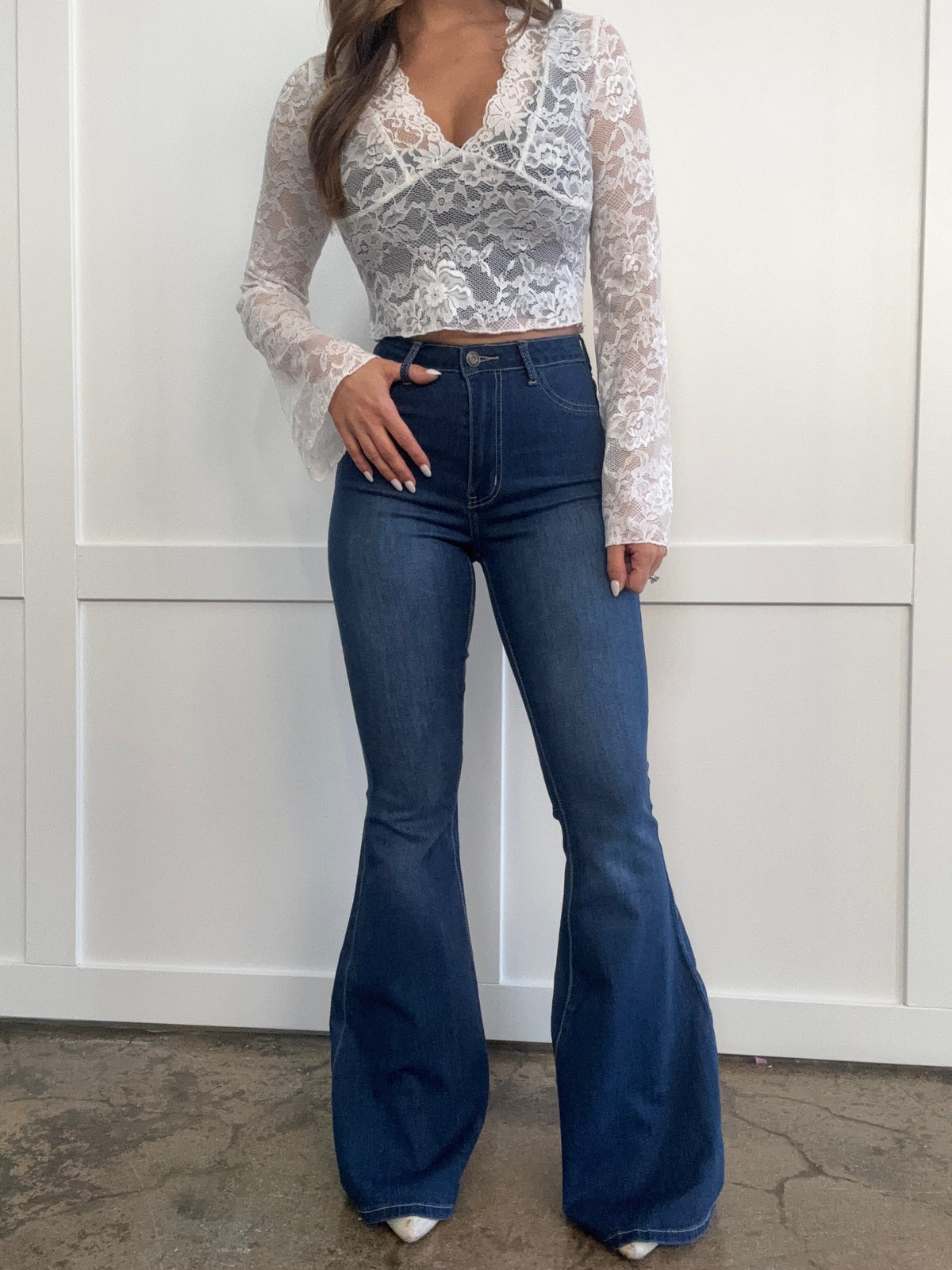 Fiona High Waisted Bell Bottom Flare Jeans - Medium Wash Denim (SIZE UP)