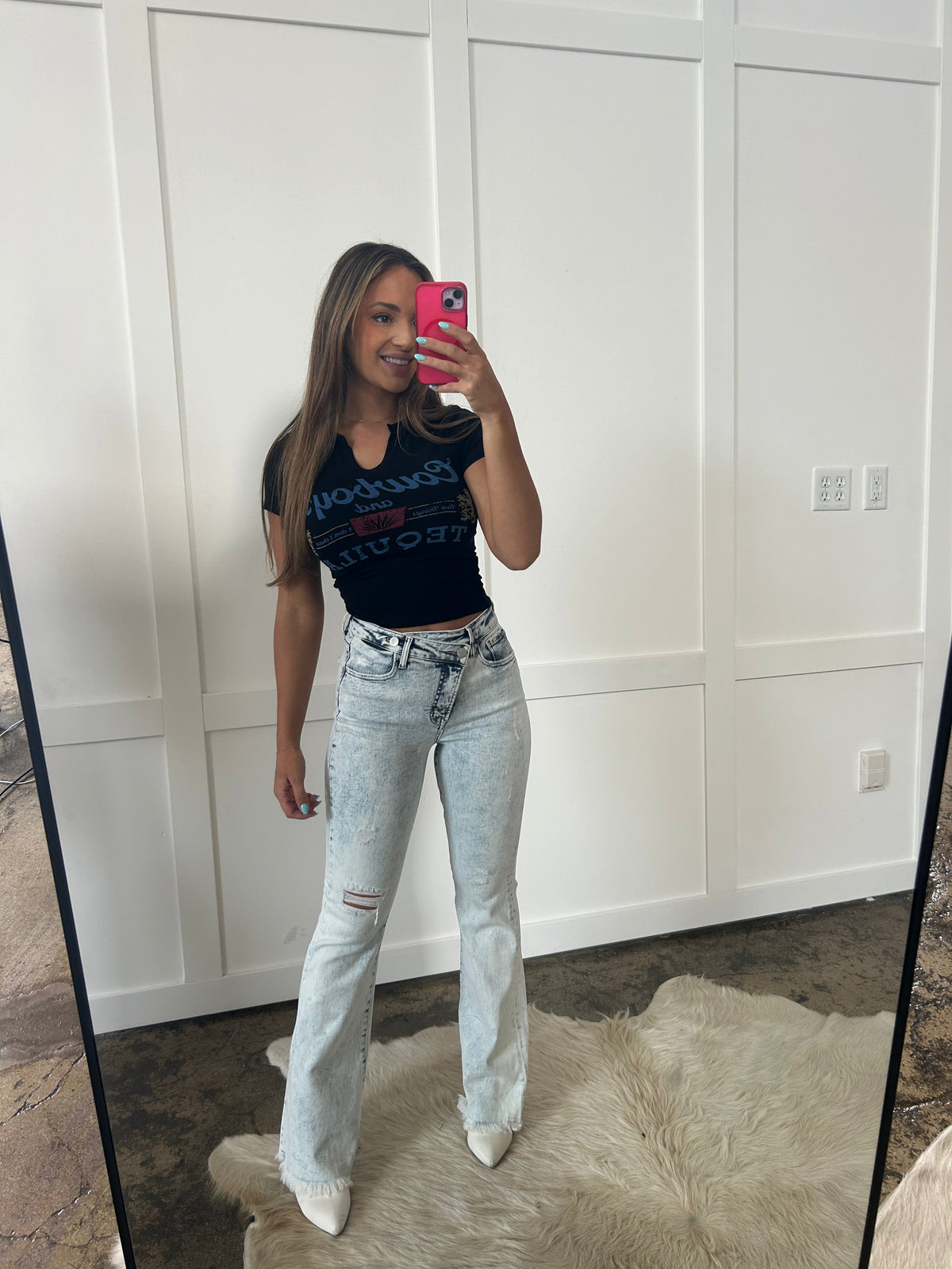 Lucy Asymmetrical Distressed Flare Jeans