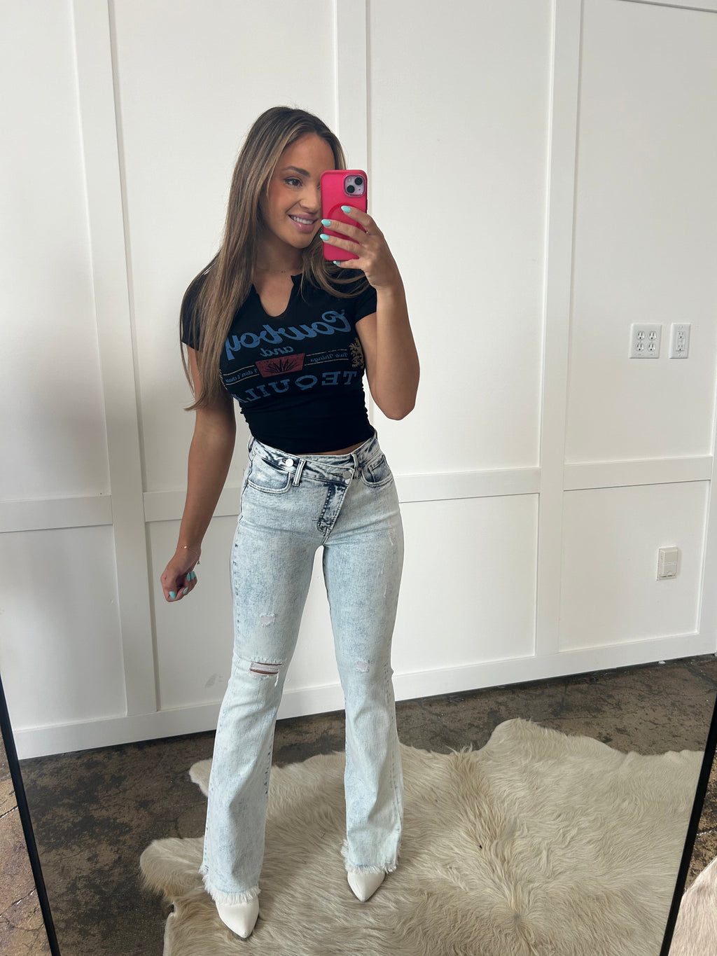 Lucy Asymmetrical Distressed Flare Jeans