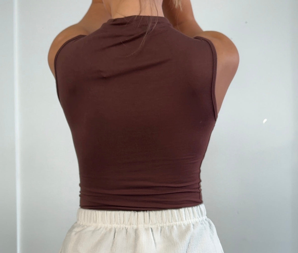 Celine Mock Neck Ruched Shoulder Sleeveless Top