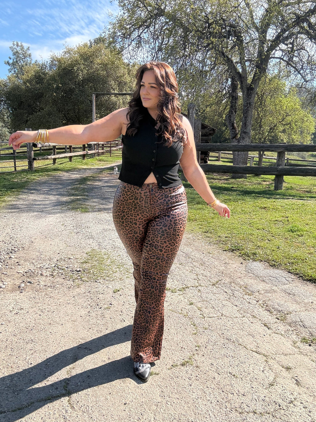 Fiona High Waisted Bell Bottom Flare Jeans - Desert Brown Leopard