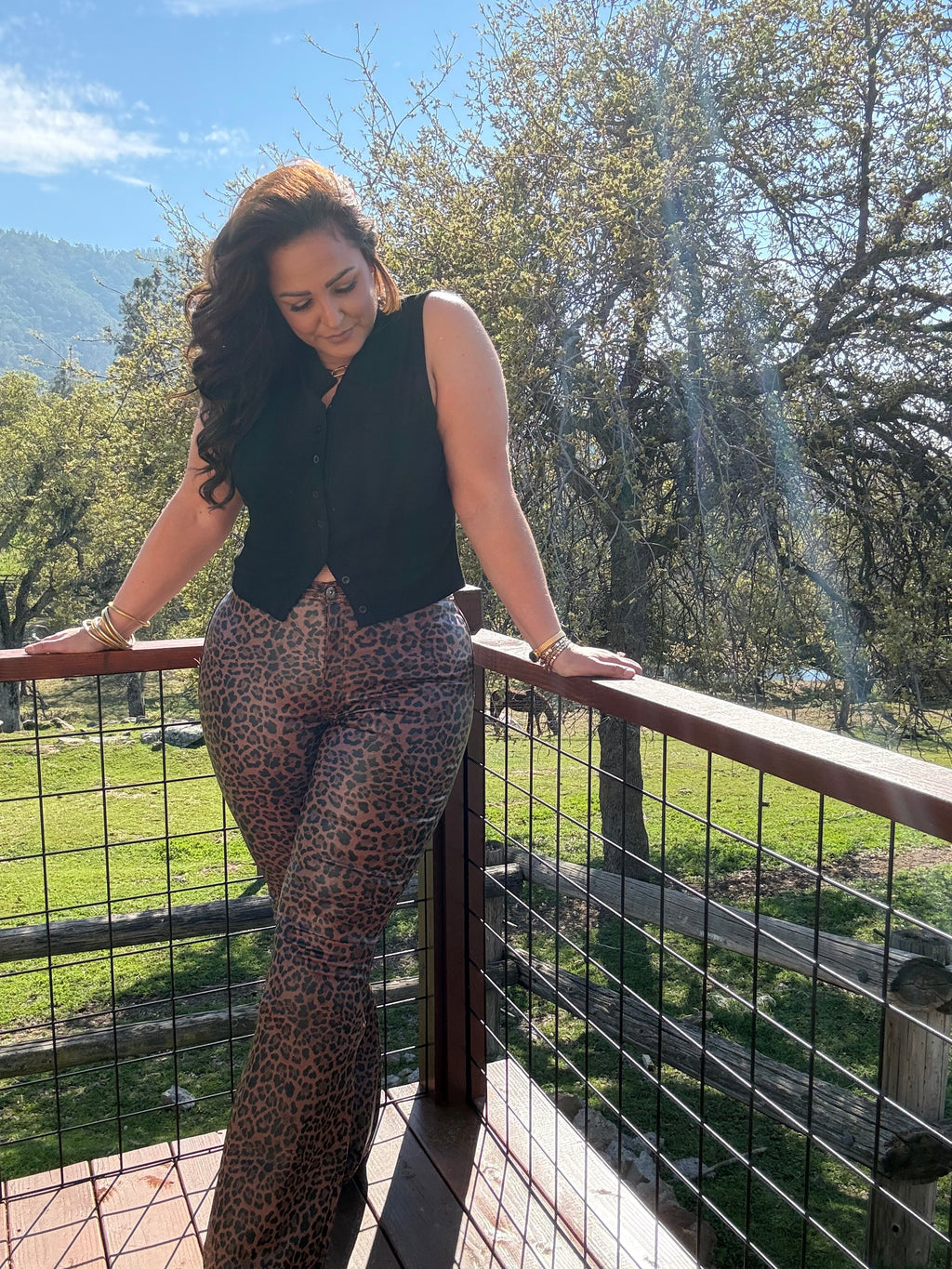 Fiona High Waisted Bell Bottom Flare Jeans - Desert Brown Leopard