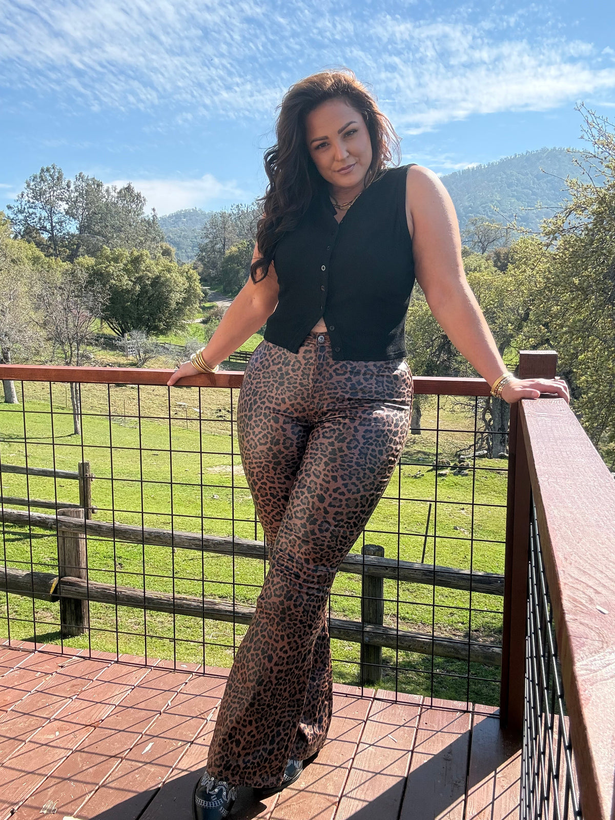 Fiona High Waisted Bell Bottom Flare Jeans - Desert Brown Leopard