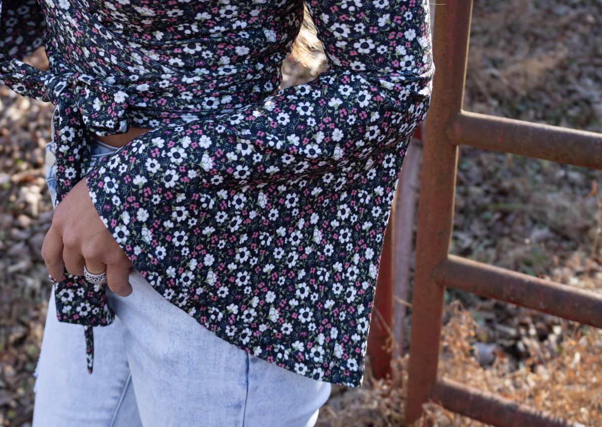Woodstock Floral Bell Sleeve Wrap Top - Midnight Meadow