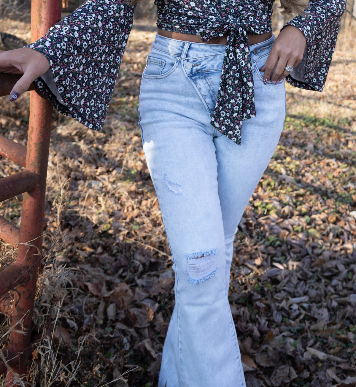 Lucy Asymmetrical Distressed Flare Jeans