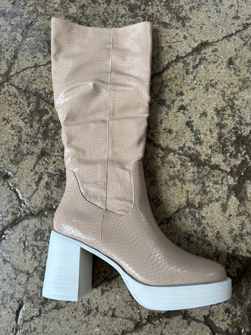 Juniper Knee High Snakeprint Nude Platform Heels