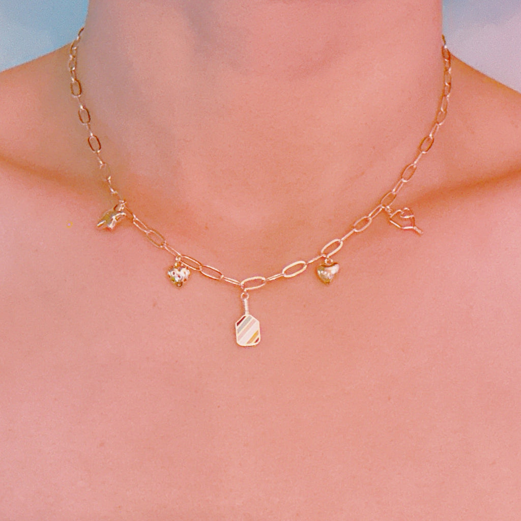 Pickleball Play Charm Necklace – Gold Chain with Playful Pickleball-Inspired Charms