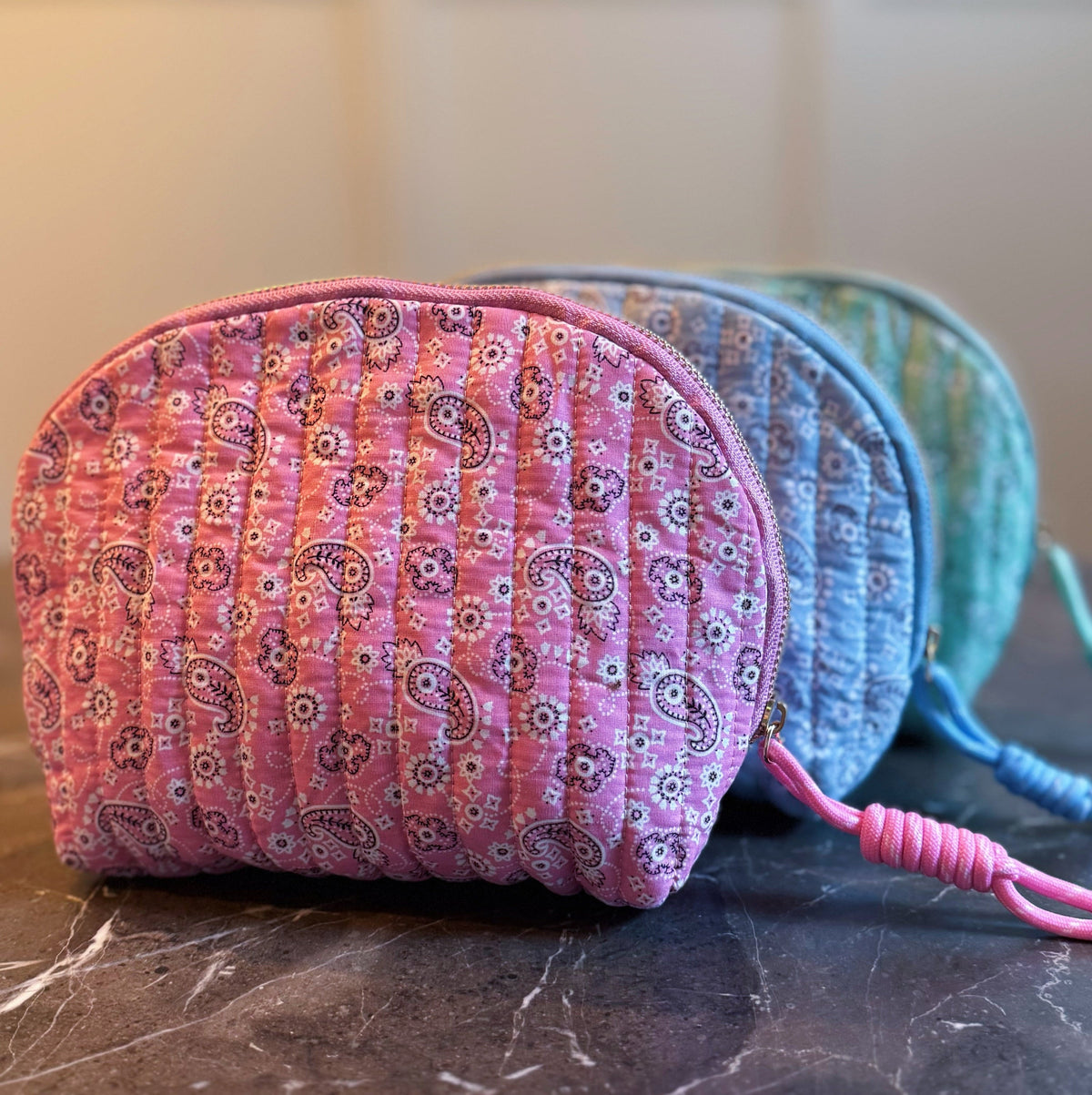 Quilted Paisley Cosmetic Case – Soft Curve Makeup Pouch in Pink, Blue, or Green Bandana Print