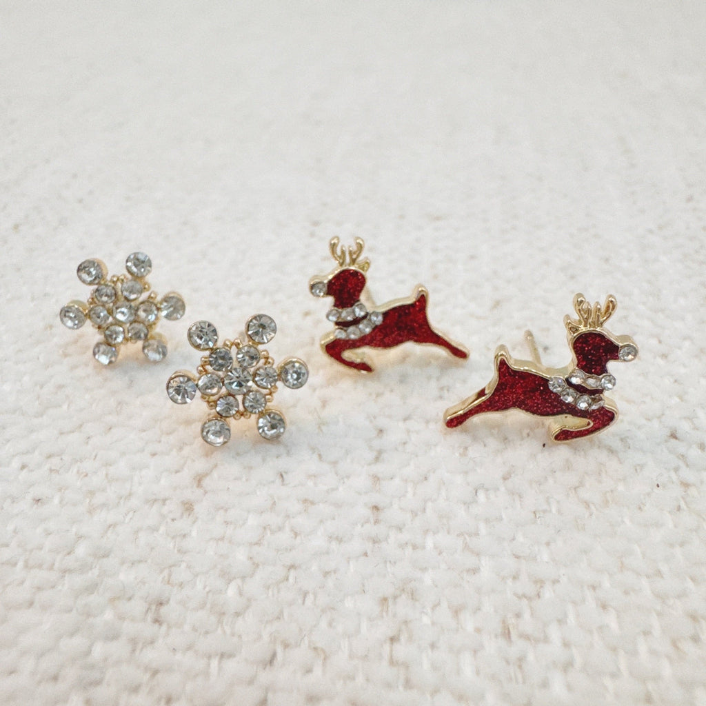 Reindeer And Snowflake Stud Earring Set Of 2 – Holiday Sparkle