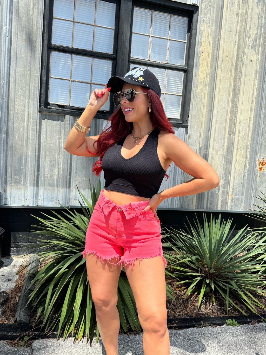 Fold Over Distressed Denim Shorts- Coral Pink