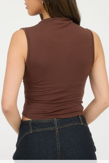 Celine Mock Neck Ruched Shoulder Sleeveless Top