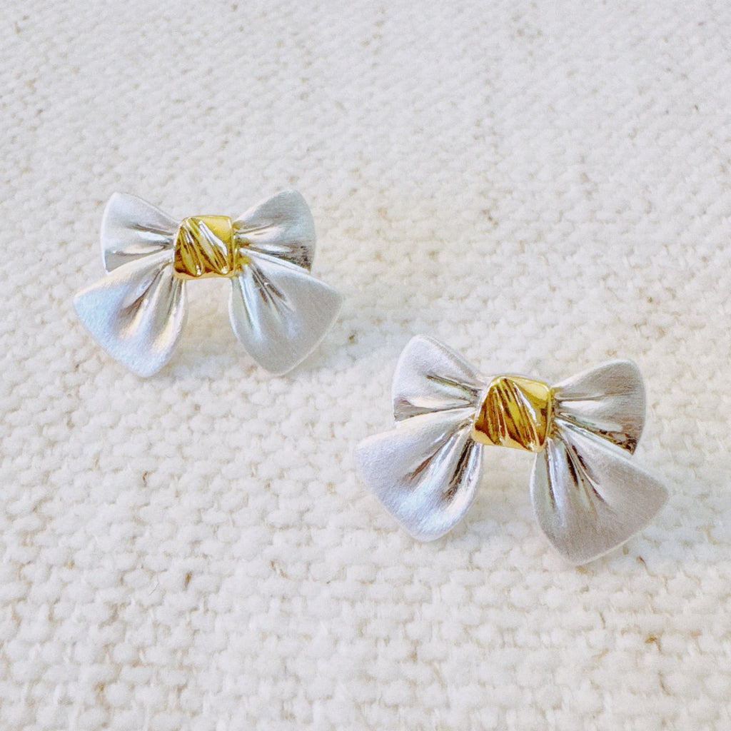 Silver Bow Stud Earrings – Satin-Inspired Bows with Gold Center Accent