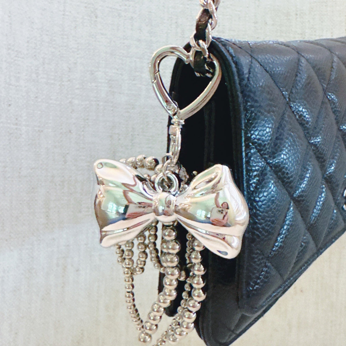 Silver Cascade Bow Charm Bag Charm – Metallic Bow with Beaded Tassels & Bow Loop