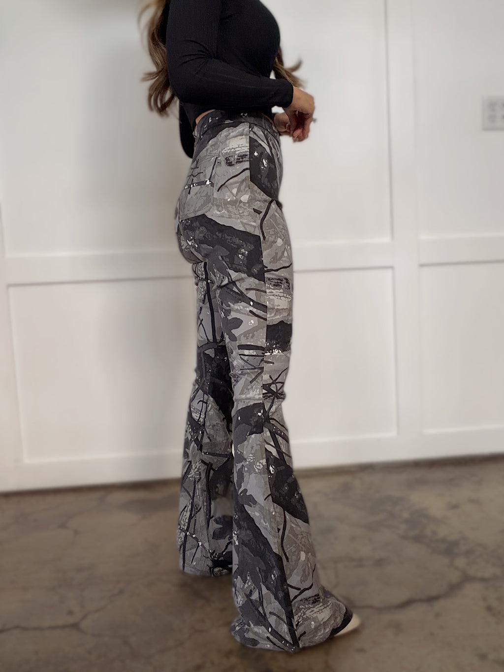 Fiona High Waisted Bell Bottom Flare Jeans - Storm Grey Camo