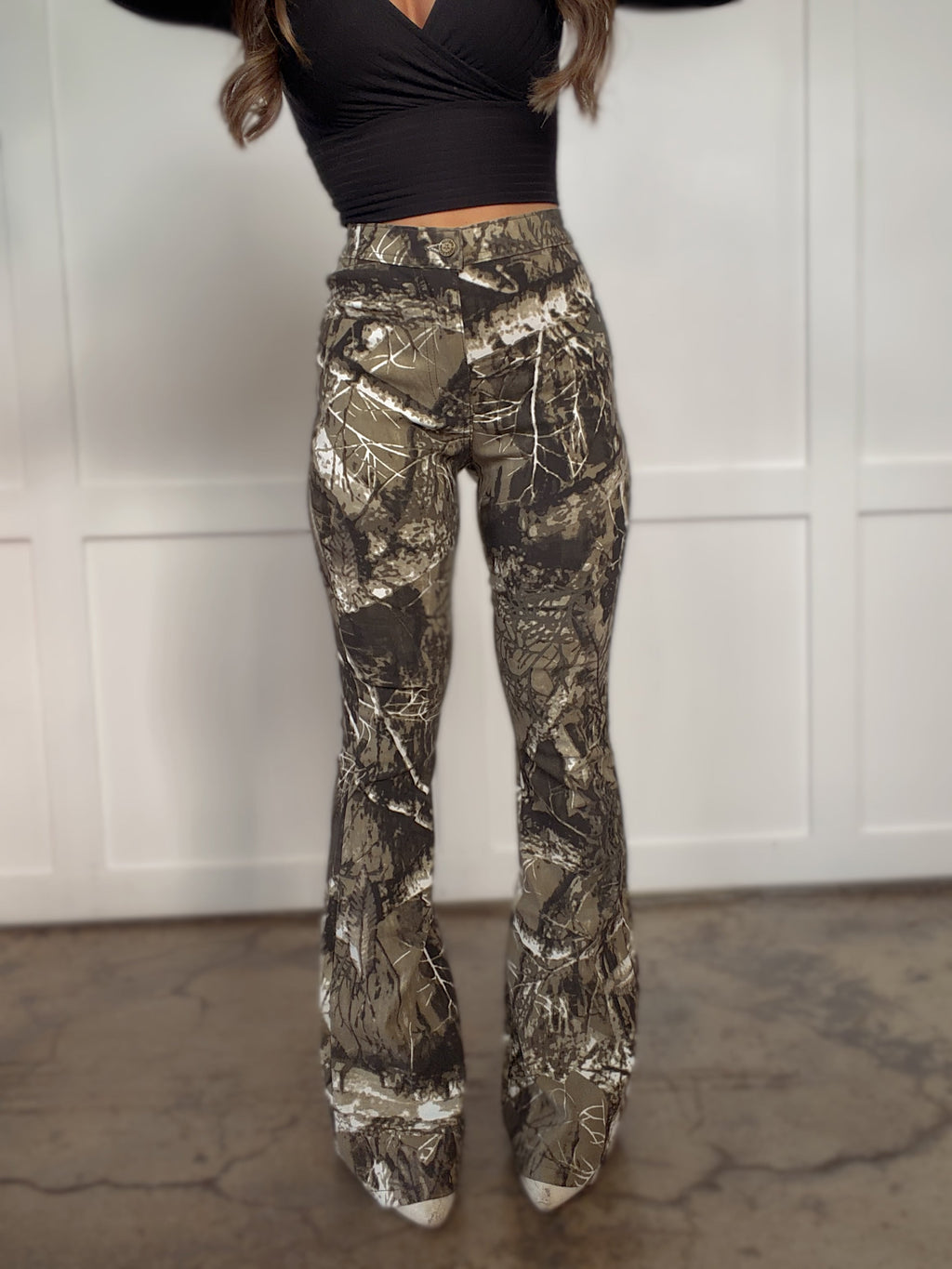 Fiona High Waisted Bell Bottom Flare Jeans - Moss Brown Camo