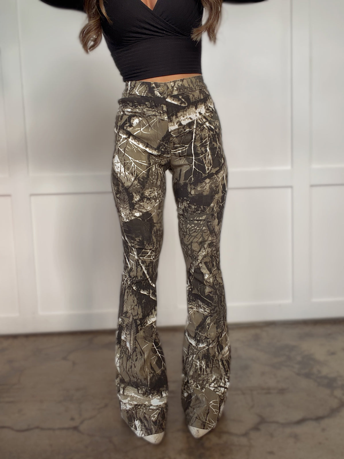 Fiona High Waisted Bell Bottom Flare Jeans - Moss Brown Camo